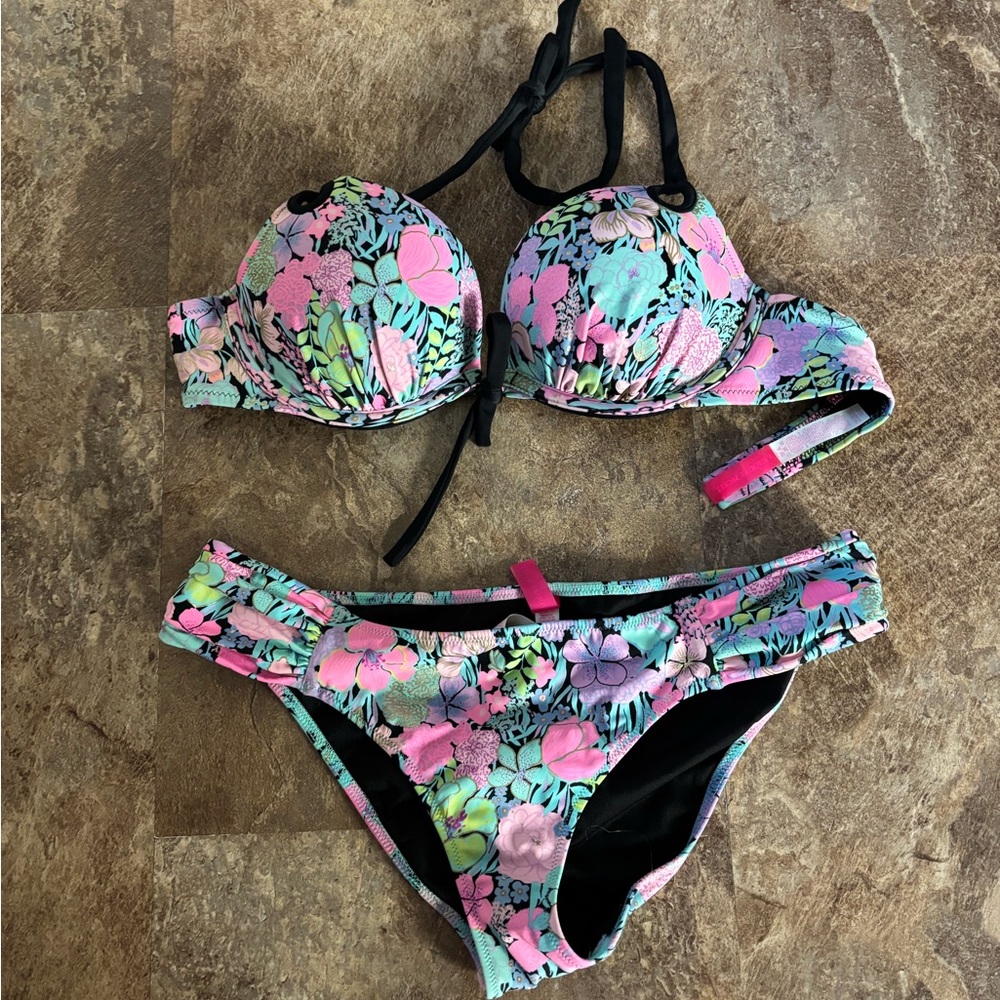 Victoria's Secret Floral Bikini - Pink, Blue, and Green